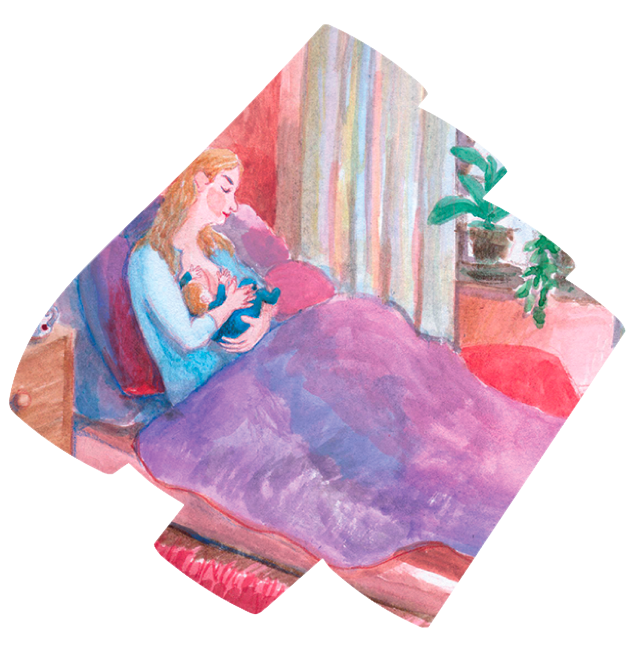 Akvarelová ilustrace matky kojící dítě v posteli